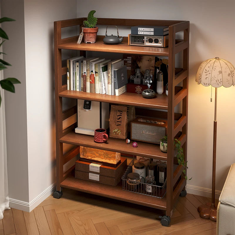 Solid Wood Mobile Storage Trolley Table - Living Room Kitchen Side Cabinet