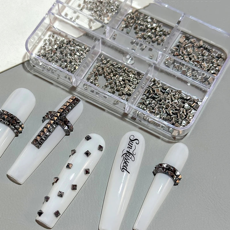 6-Grid Metal Rivets for Nail Art - Gold, Silver, Dark Grey, DIY Punk Accessories