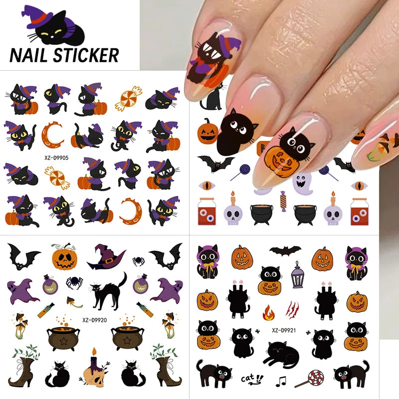 30pcs Halloween Nail Art Stickers Ghost Pumpkin Skull Bat Black Cat Decorations
