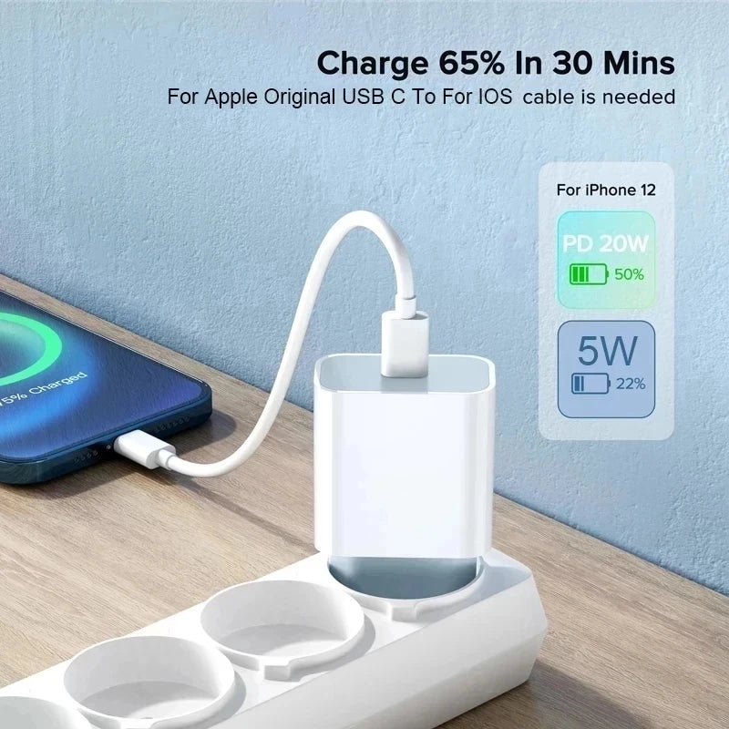 USB C Fast Charger 20W for iPhone iPad Samsung OnePlus Wall Adapter with Type-C Cable EU/US Plug