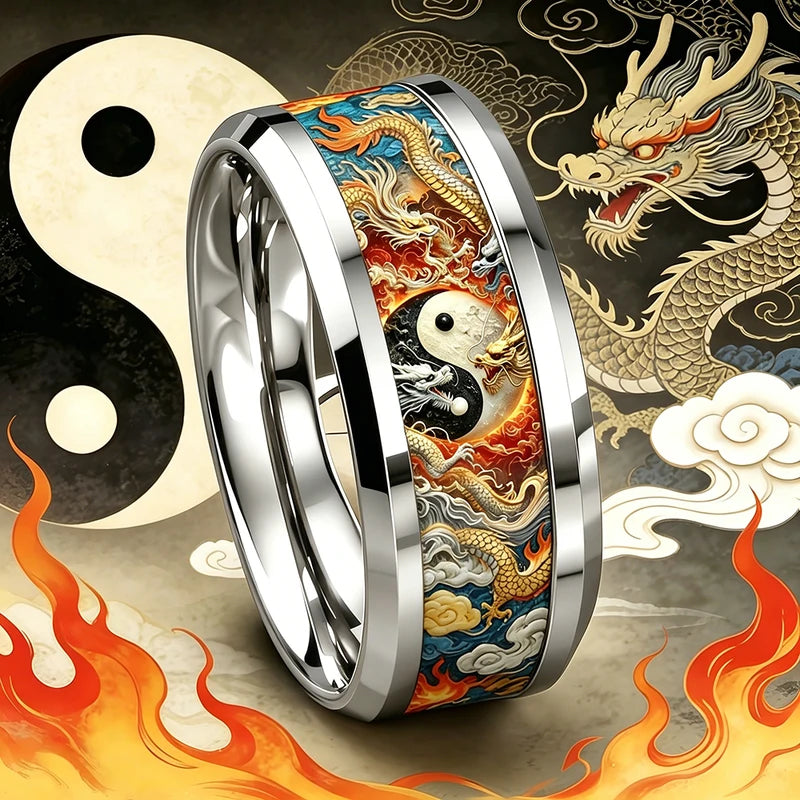 Men's Stainless Steel Yin Yang Dragon Pattern Ring - Wedding Party Jewelry