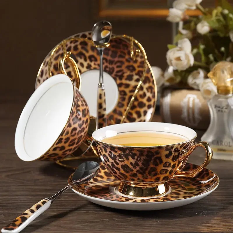 Ceramic Coffee Cup and Saucer Set with Leopard Print and Spoon - Elegant Home Use