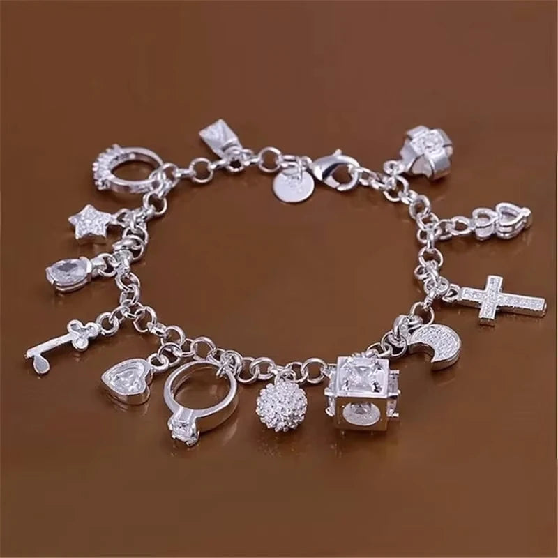 925 Sterling Silver Bracelet for Women Thirteen Pendant Multi-Element Jewelry