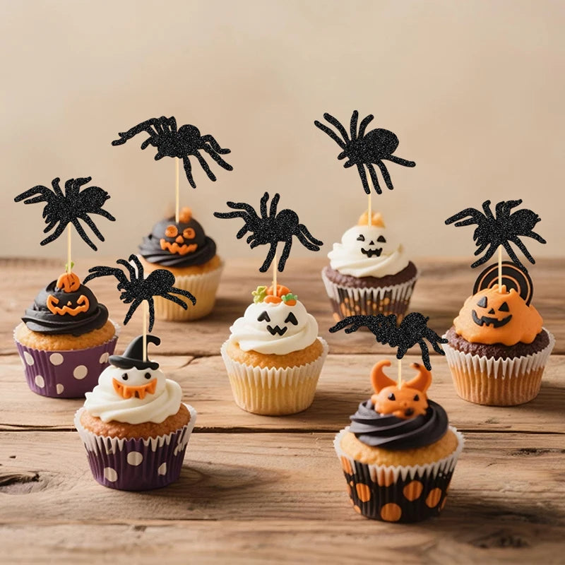 Halloween Spider Cupcake Decorations Set - 24 Glitter Toppers for Party Cakes