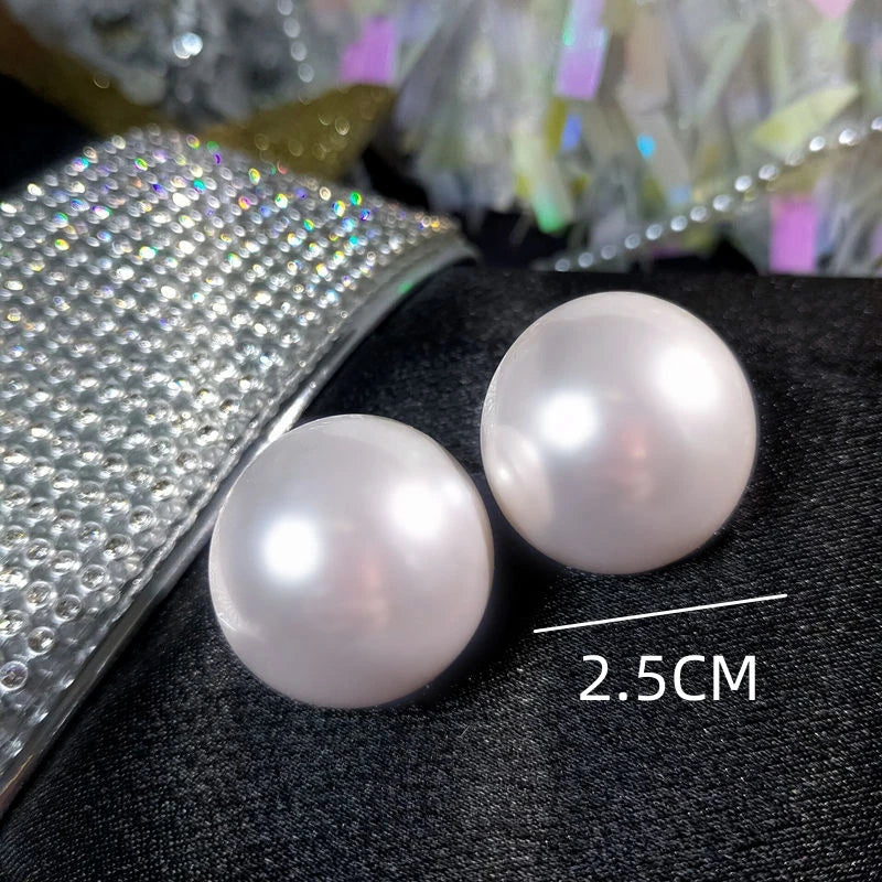 Big Imitation Pearl Stud Earrings - Minimalist Round Jewelry for Women