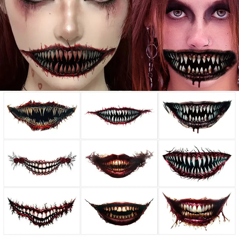 Halloween Temporary Face Tattoos - 9 Sheets Waterproof Zombie Vampire Clown Designs
