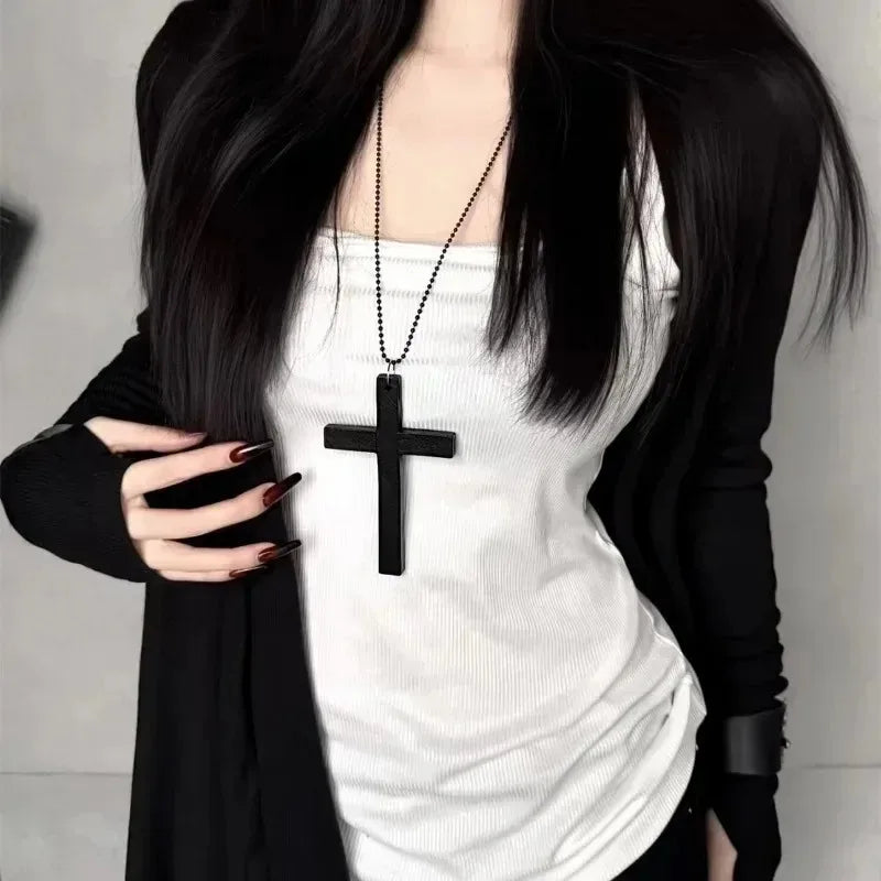 Dark Wooden Cross Necklace - Gothic Boho Jewelry Chain Pendant