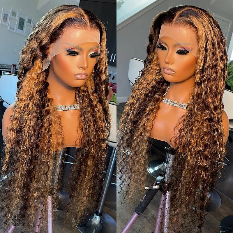 Curly Lace Front Human Hair Wigs - Highlight Honey Brown 13x6 13x4 Ombre Options