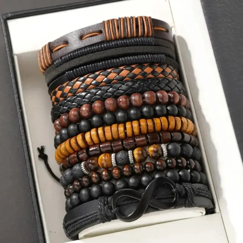 12Pcs Vintage Woven Faux Leather Beaded Bracelets Set for Casual and Party Wear