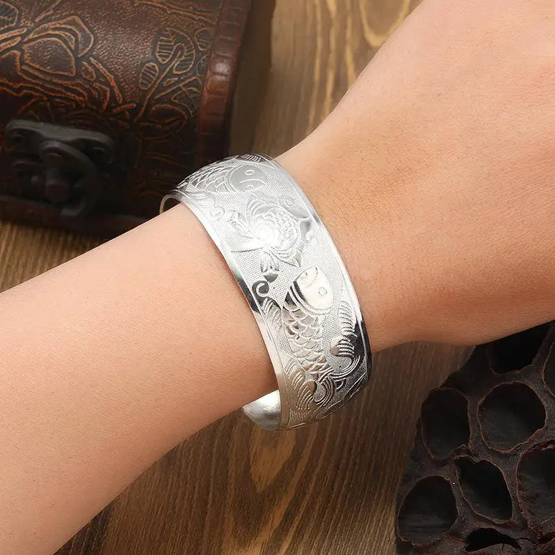 Bohemian Ethnic Wide Silver Bracelet for Women Carved Flower Fashion Jewelry