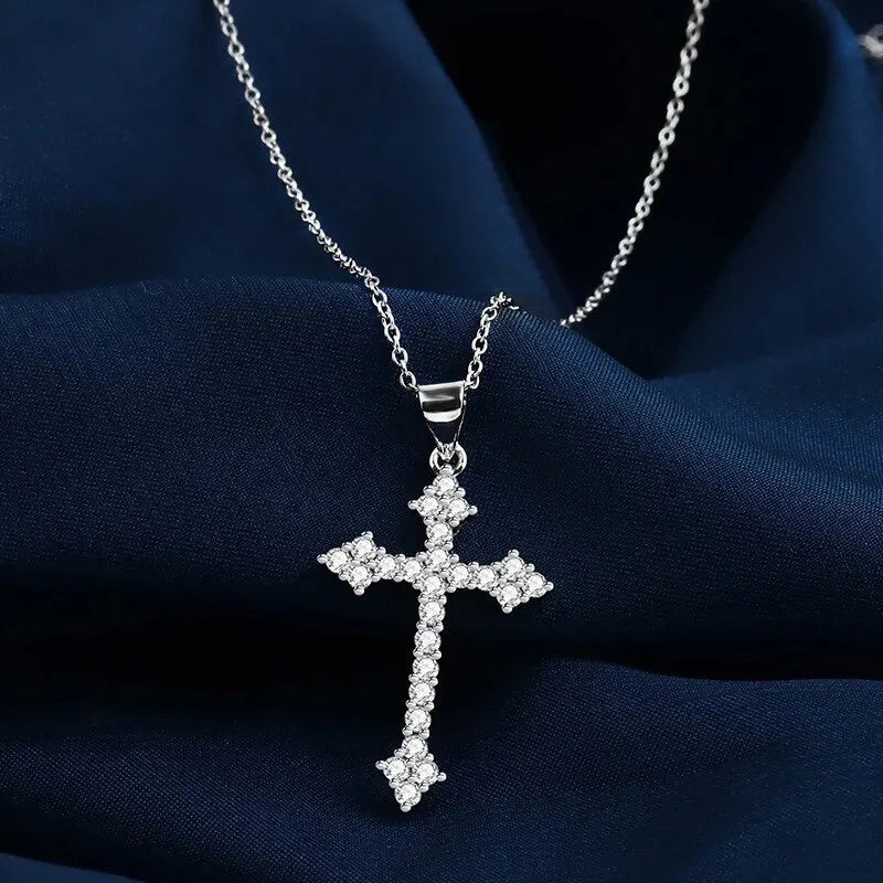 Women’s Gold-Color Necklace with Cross Pendant and Rhinestones, 45cm