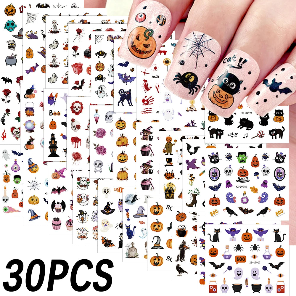 30pcs Halloween Nail Art Stickers Ghost Pumpkin Skull Bat Black Cat Decorations