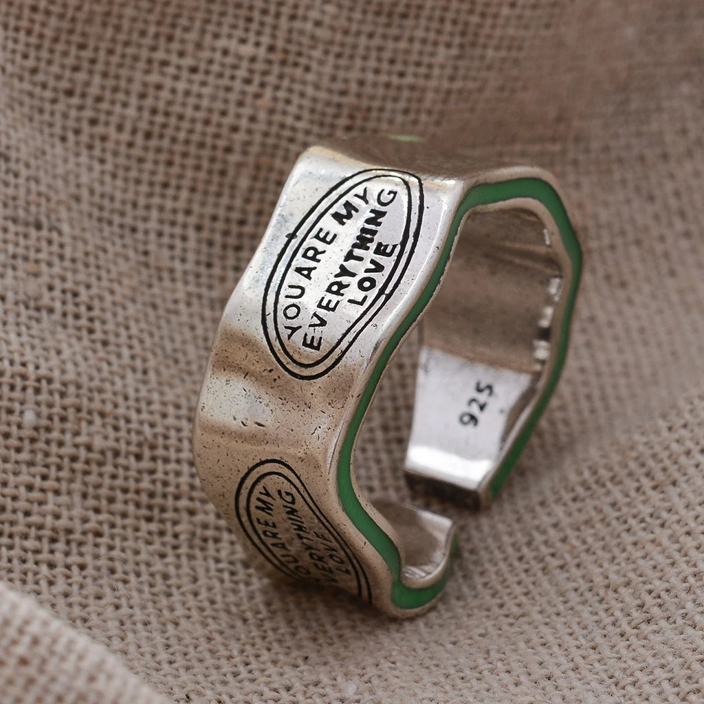 Elegant Green Stripe Letter Carving Silver Ring for Women - Retro Thai Jewelry Gift