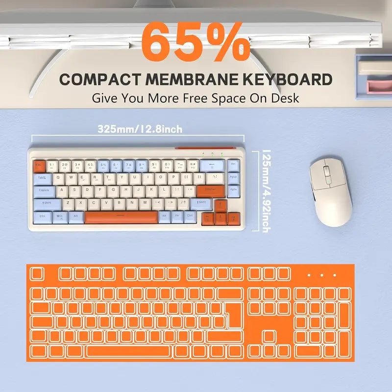 Wireless Gaming Keyboard 65% RGB Backlit Tri-Mode Silent Membrane PBT Keycaps