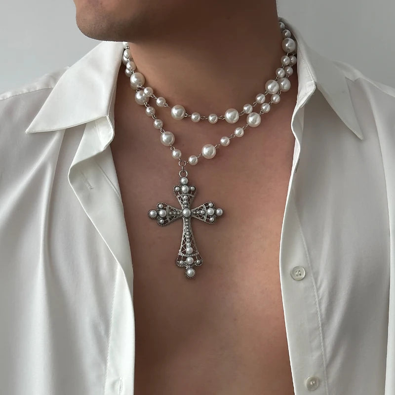 Elegant Imitation Pearl Choker Necklace with Cross Pendant for Men Women - Goth Party Jewelry