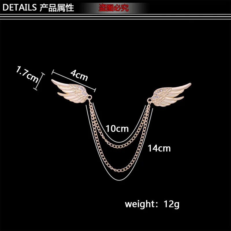 Crystal Angel Wing Brooch Lapel Pin Chain Accessories for Men Women