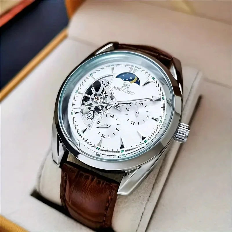 Men's Automatic Mechanical Watch with Moon Phase Skeleton Design - No Battery Needed