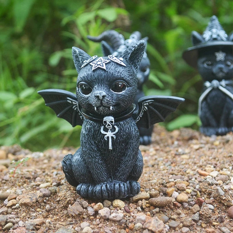 Halloween Garden Witch Cat Sculpture - Gothic Miniature Wizard Ornament