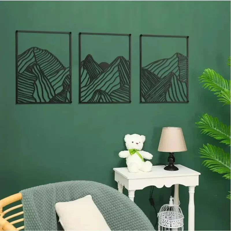 Metal Wall Art 3-Piece Abstract Mountain Line Sculpture Rustic Iron Decor