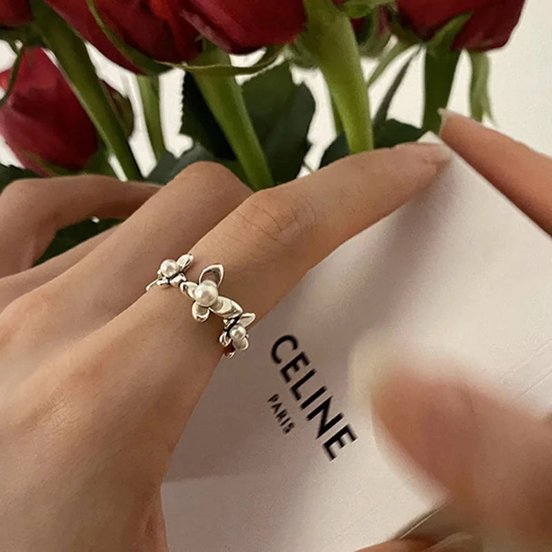 Adjustable Flower Pearl Silver Ring for Women - Elegant Jewelry Gift