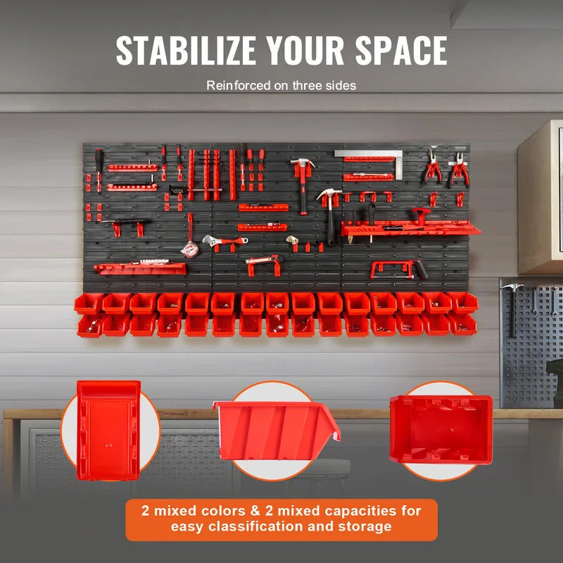 Wall Mounted Storage Bins Organizer for Garage and Workshop - Multi-Size, Durable Plastic Shelves with Hooks