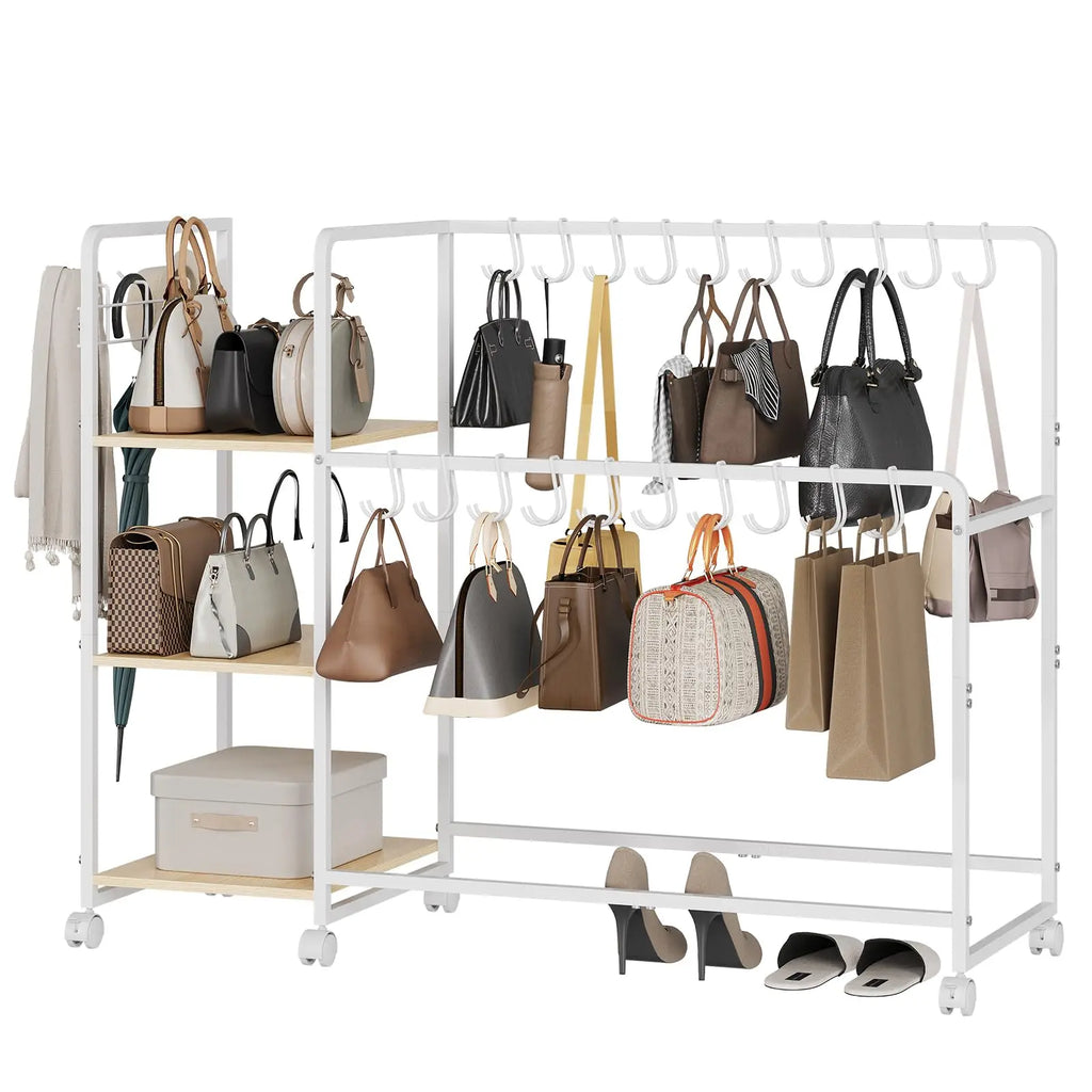 3-Tier Purse Organizer Rack with Wheels and Shelves for Closet Storage
