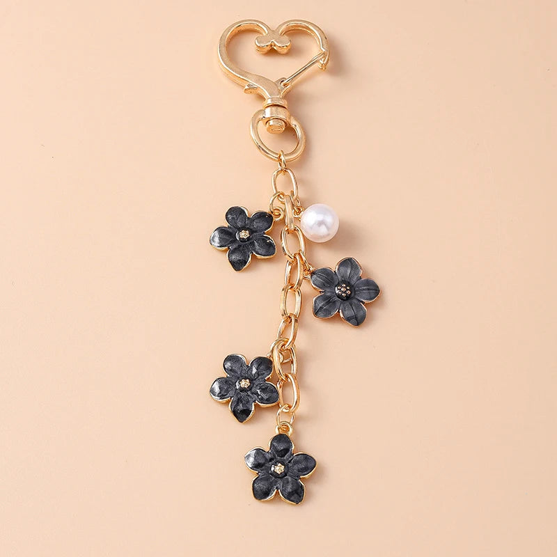 Enamel Flower Keychain for Women Girls Pearl Crystal Pendant Handbag Accessory Gift