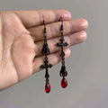 Gothic Vampire Bat Cross Earrings for Men Women Halloween Jewelry - Deep Red Glass Crystals