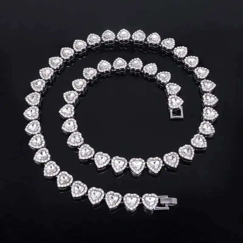 45cm Hip Hop Heart Rhinestone CZ Chain Necklace & Bracelet Jewelry Set