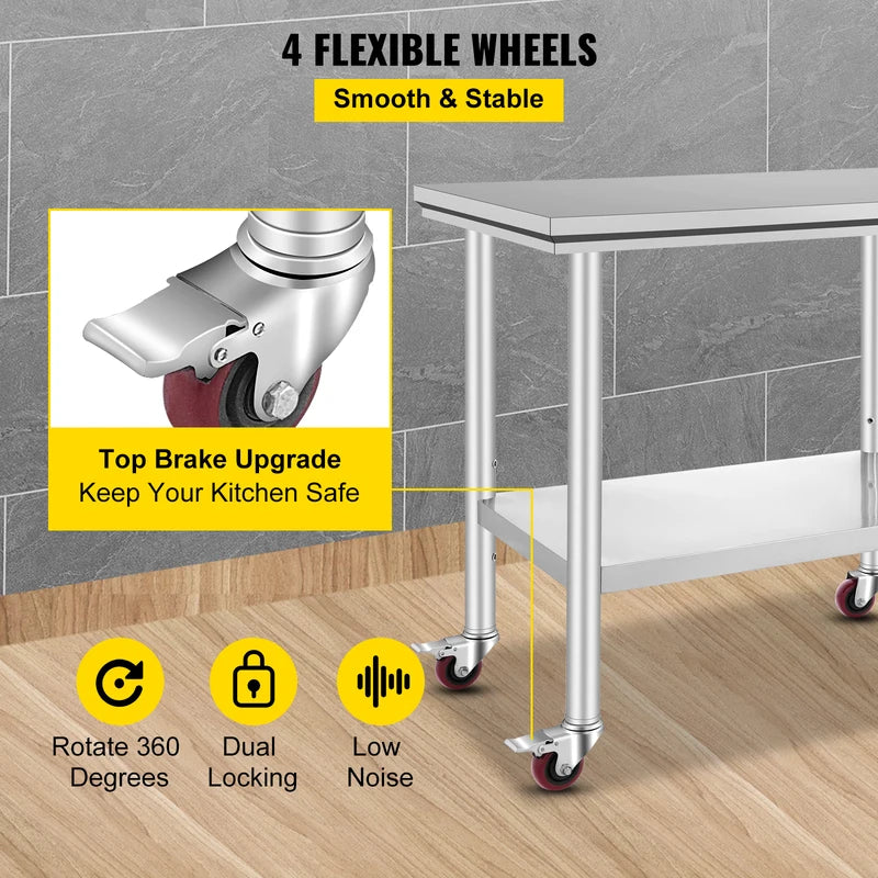 Stainless Steel Work Table with Casters - Commercial Kitchen & Storage Bench