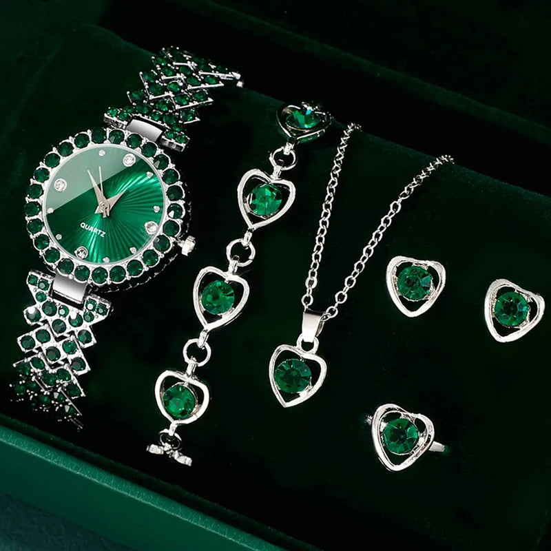 Women Jewelry Set Heart Rhinestone Ring Necklace Earrings Luxury Dress Quartz Watch