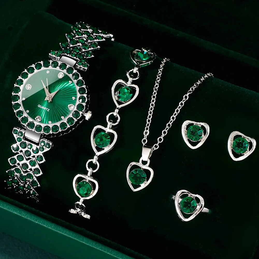 Women Jewelry Set Heart Rhinestone Ring Necklace Earrings Luxury Dress Quartz Watch