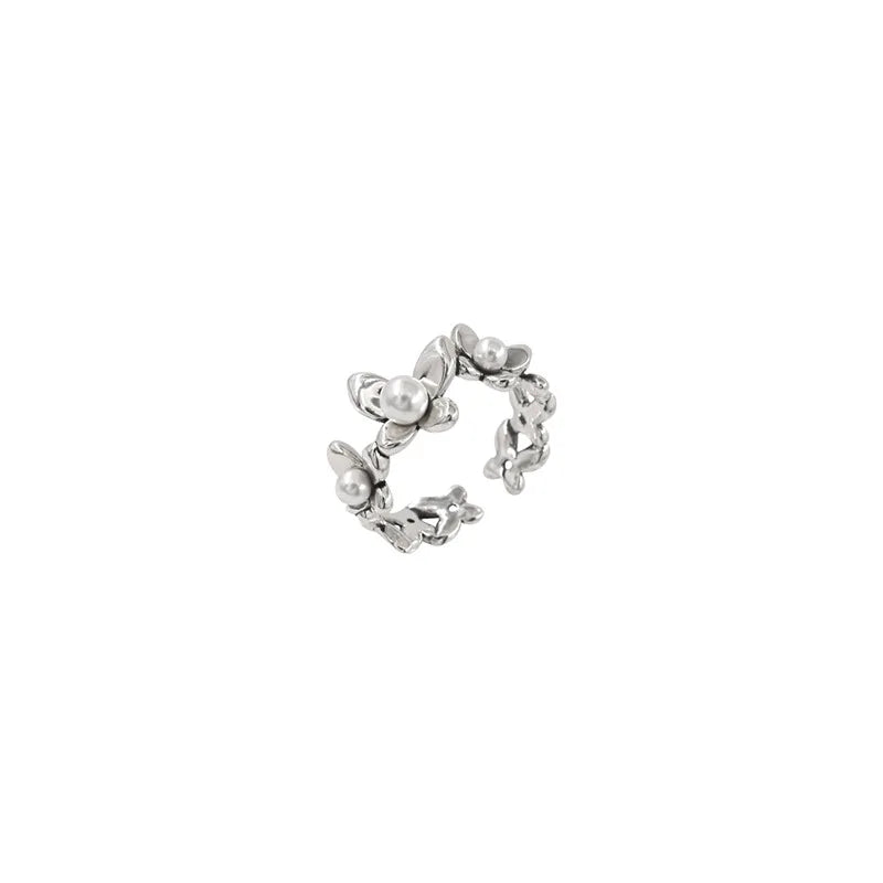 Adjustable Flower Pearl Silver Ring for Women - Elegant Jewelry Gift