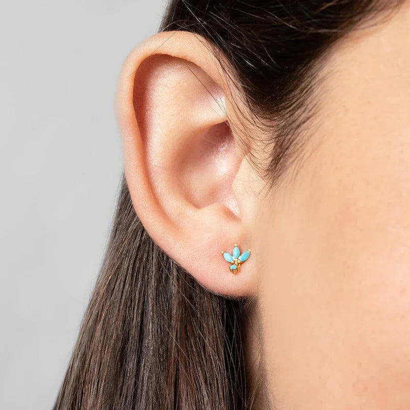 Sterling Silver Turquoise Stud Earrings for Women - Blue Crystal Pendant, Gold Finish