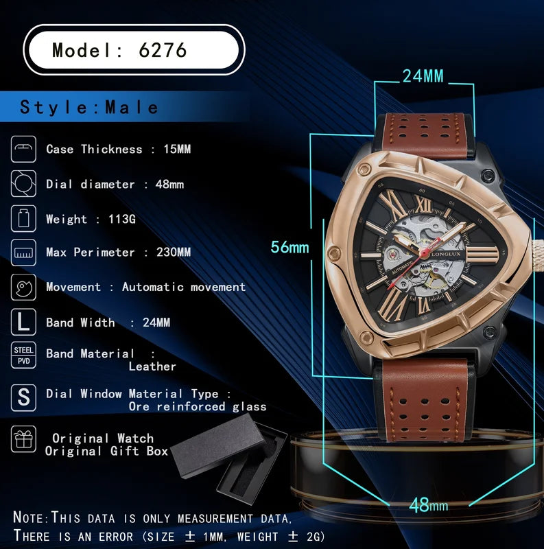 Men's Automatic Skeleton Watch with Leather Strap Waterproof and Luminous Dial