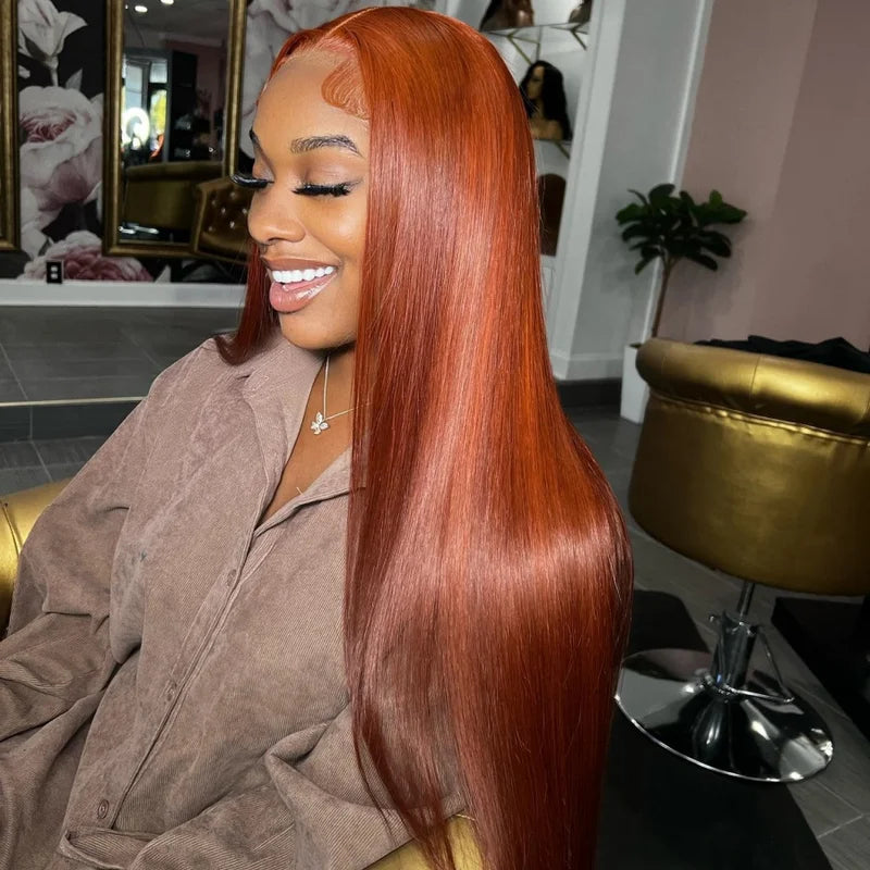 Long 34 Inch Ginger Orange HD Transparent Lace Frontal Wig Brazilian Bone Straight Pre Plucked With Baby Hair