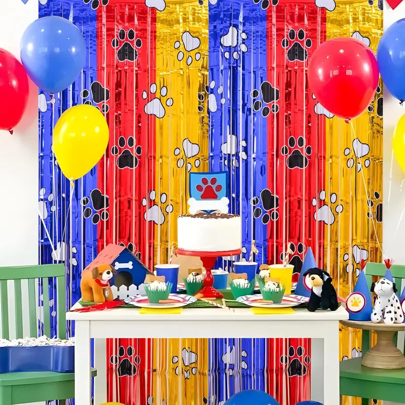 Paw Birthday Decorations 2 Pack Gold Red Blue Party Fringe Curtains Photo Booth Props