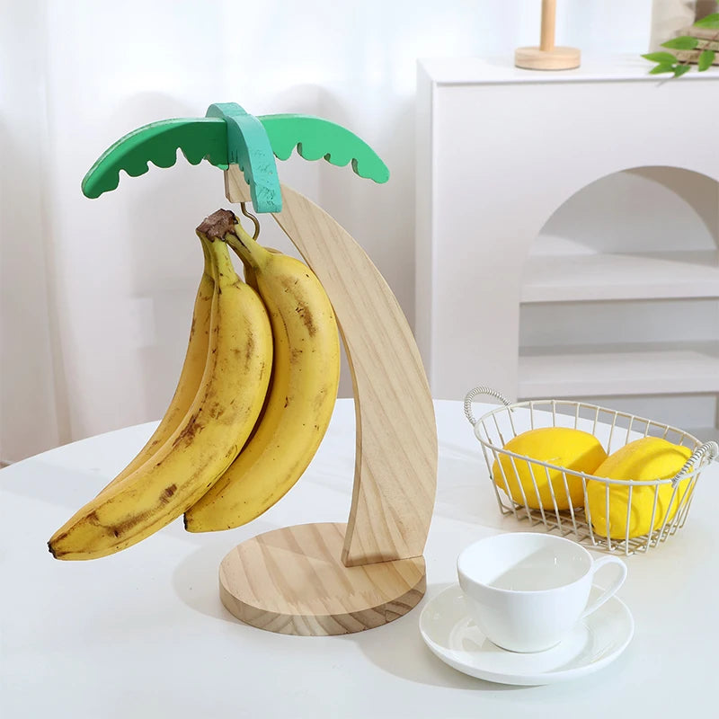 Wooden Banana Rack Hanging Kitchen Organizer with Leaf Design and Hooks
