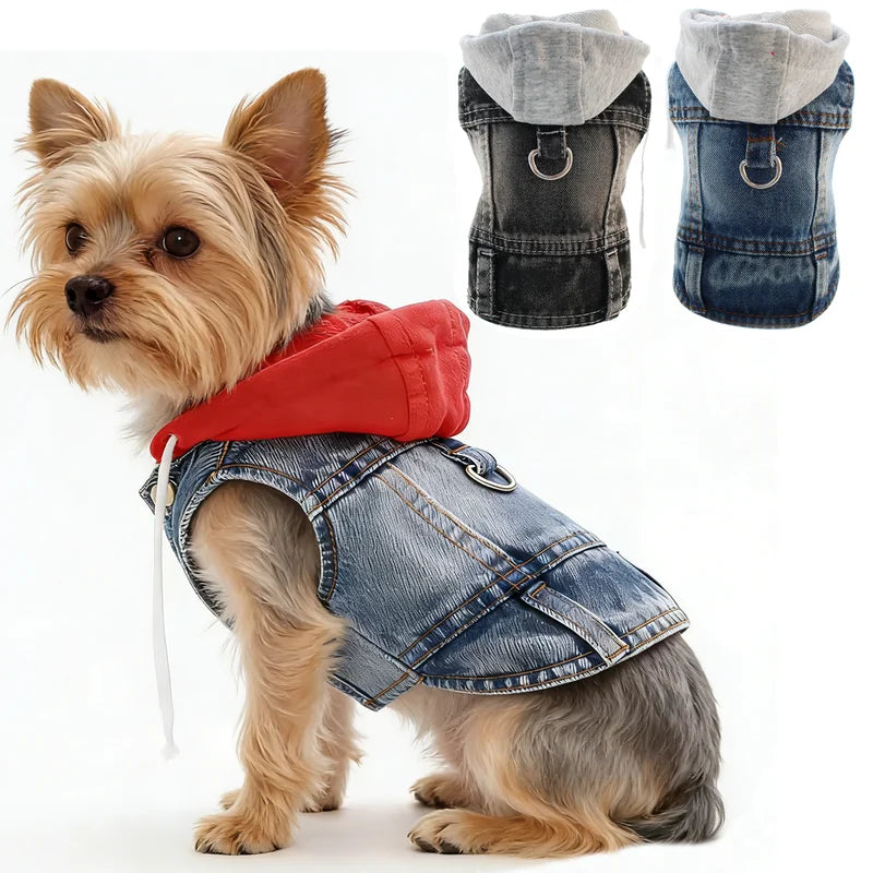 Dog Jean Jacket Vest with D-Ring Hoodies for Small Medium Dogs Spring Dog Clothes Puppy Denim Harness Coat