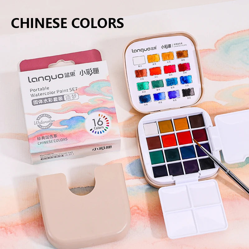 Mini Portable Watercolor Paint Set with Brush & Palette - 16 Colors for Travel Art