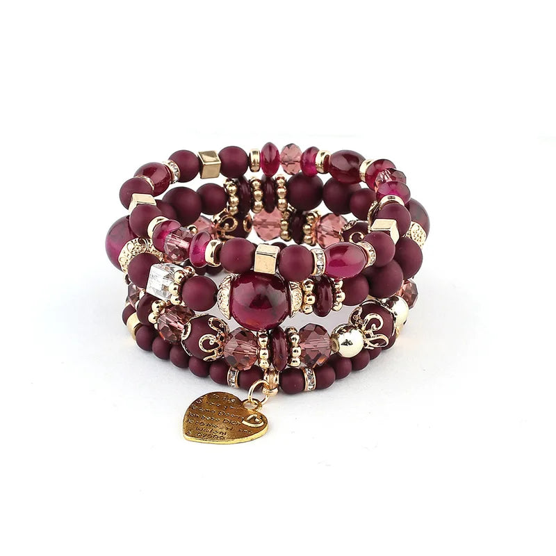 Bohemia Beaded Bracelet Set for Women and Men - Heart Charm Elastic Chain Jewelry