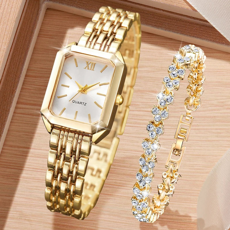 Women’s Quartz Watch & Rhinestone Bracelet Set - Elegant Fashion Jewelry