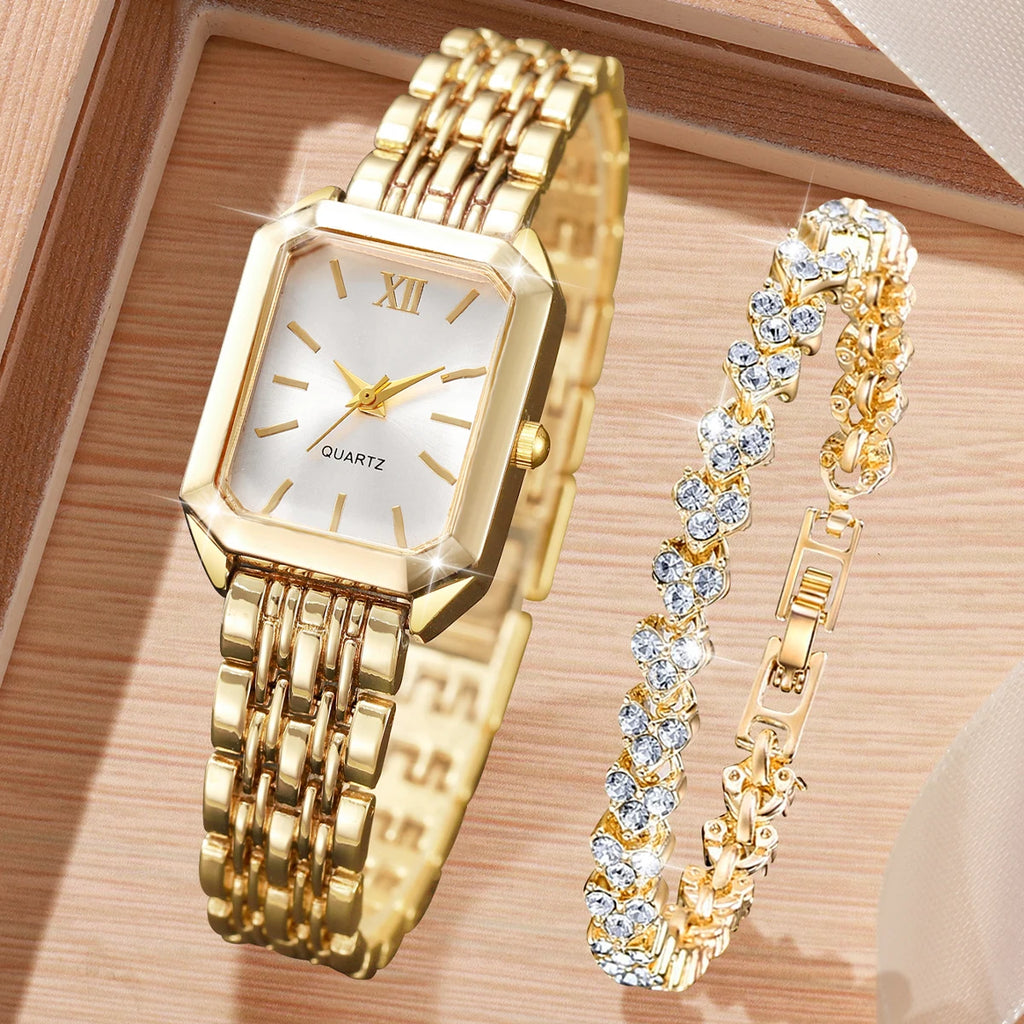 Women’s Quartz Watch & Rhinestone Bracelet Set - Elegant Fashion Jewelry