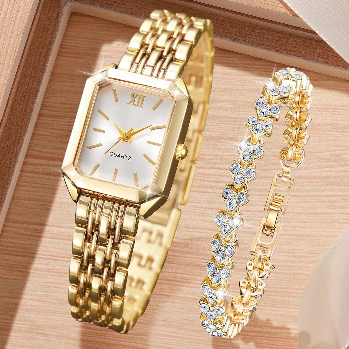 Women’s Quartz Watch & Rhinestone Bracelet Set - Elegant Fashion Jewelry