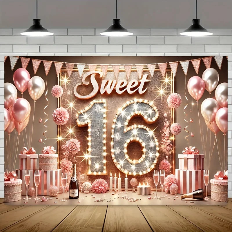 Sweet 16 Birthday Banner Decoration Polyester Background for Celebration