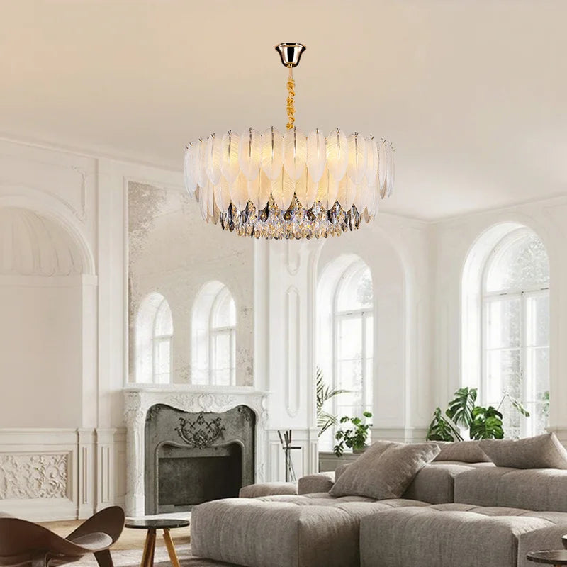 Modern Crystal Chandelier with Gold Finish - Dimmable Tri-Color E14 Fixture