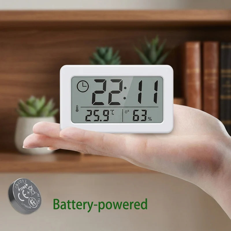 Digital Clock with Temperature and Humidity Meter - Battery Powered Indoor Environment Monitor