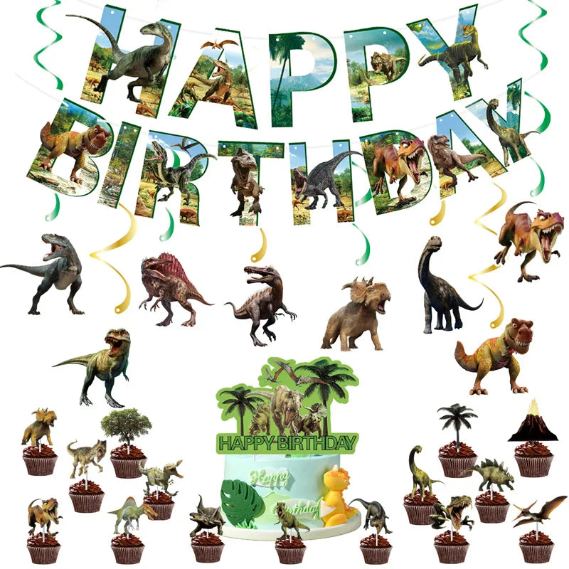 Dinosaur Birthday Party Decorations Set with Banner and Hanging Swirls - Kids Party Supplies