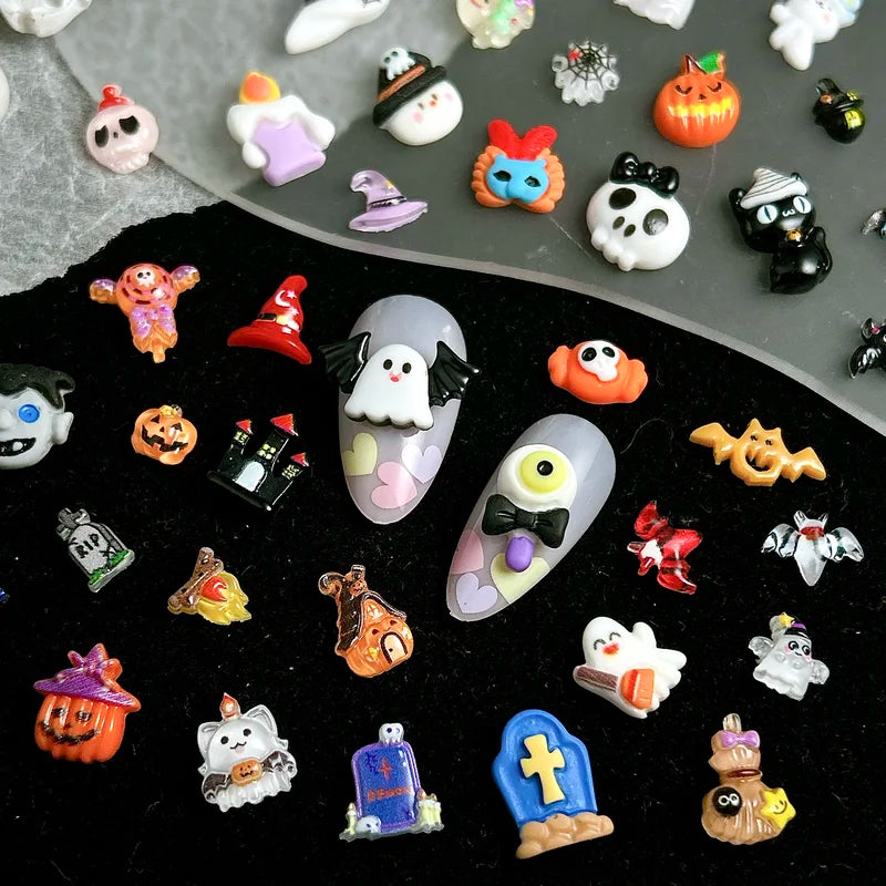 Halloween Nail Art Charms 20PCS Quirky Pumpkin Ghost Spider Bat Resin Decorations