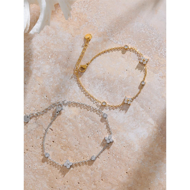 Delicate Cubic Zirconia Flower Chain Bracelet Thin Bangle Stainless Steel Jewelry